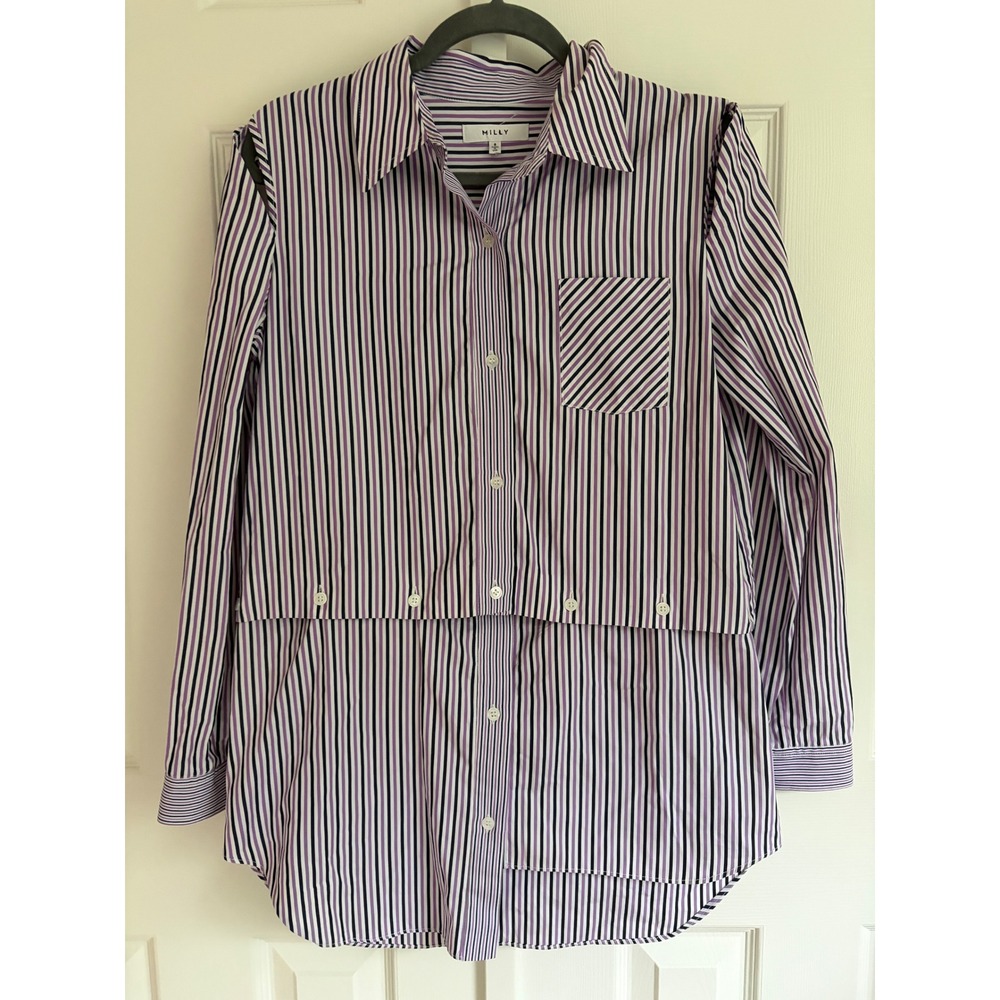 Milly Shirt 8 Purple Striped Cotton Layered Cold Shoulder Avant-Garde Preppy